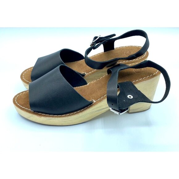 Urban Outfitters Wooden Heel Clog Sandals Black Leather Sz 10 Buckle NWOB - Picture 7 of 10